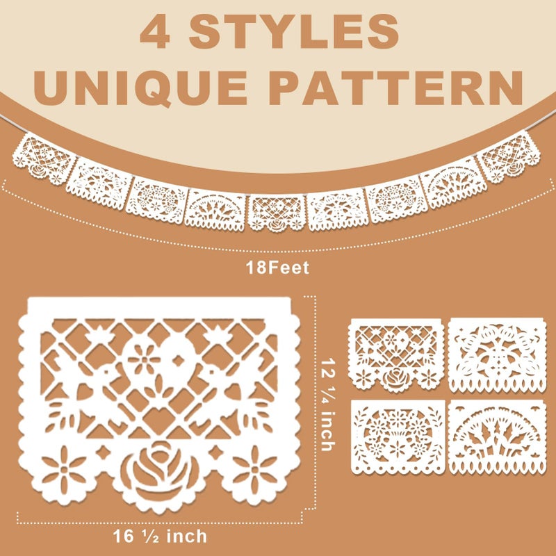Asoulin 5 Pack White Papel Picado Banner  Plastic Mexican Party Banner Wedding Fiesta Party Decoration  Dia De Los Muertos  Day of The Dead Decor Supplies  Cinco De Mayo Mexico Decor - 4 Patterns/90Ft - Image 2